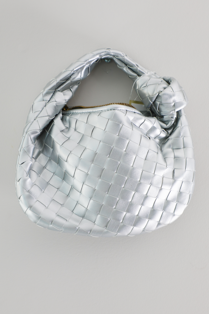 Ava Woven Knotted Handbag: Metallic Silver
