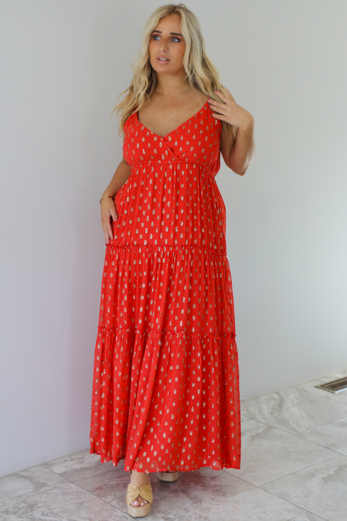 Catching My Breath Maxi Dress: Coral Red/Gold