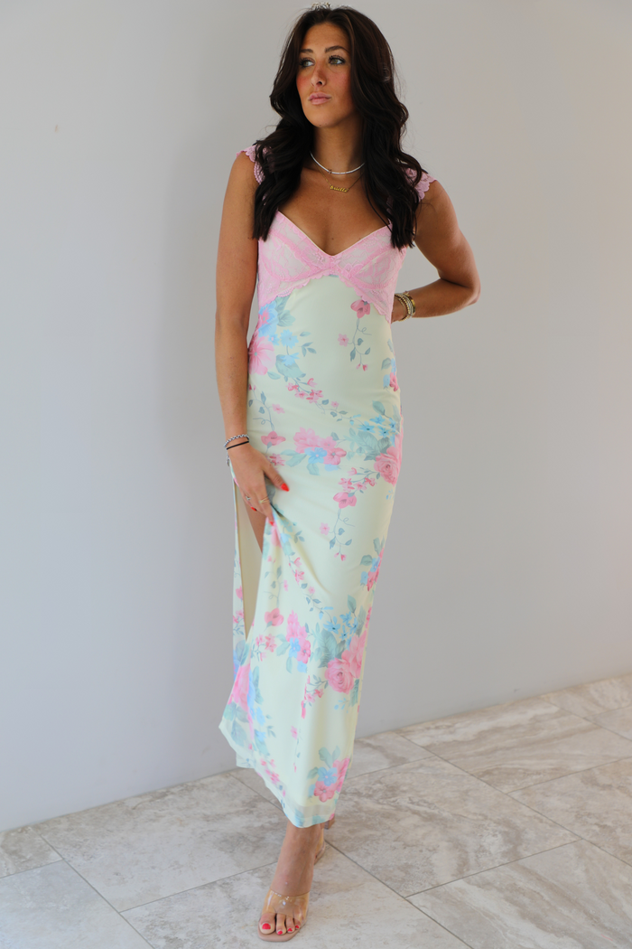 PRE-ORDER: Pretty In Paradise Lace Detail Maxi Dress: Pink/Multi