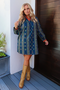 Crisp Fall Days Dress: Navy/Multi