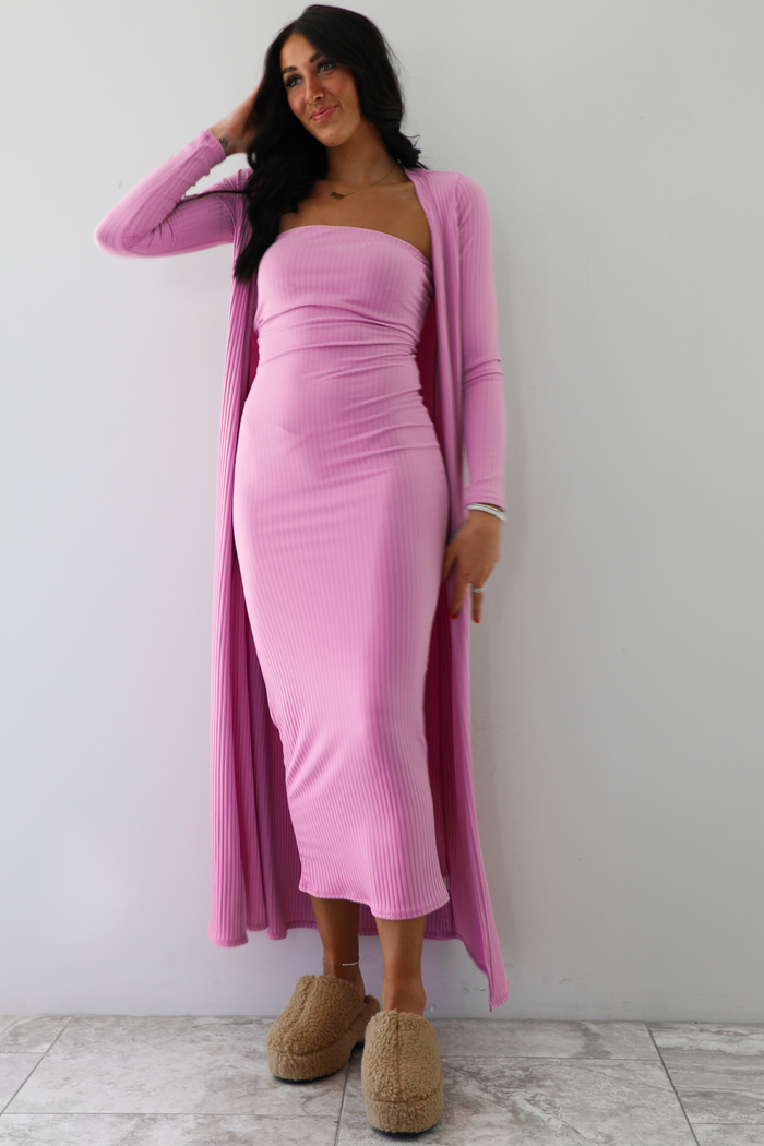 All Wrapped Up Dress And Cardigan Set: Pink