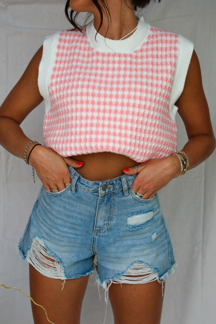 Sweet Pink Houndstooth Sweater Vest: Pink/White