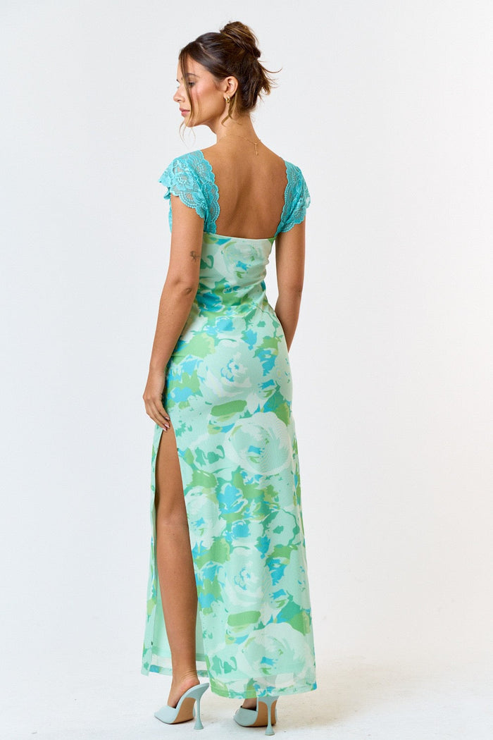 PRE-ORDER: Pretty In Paradise Lace Detail Maxi Dress: Green/Blue