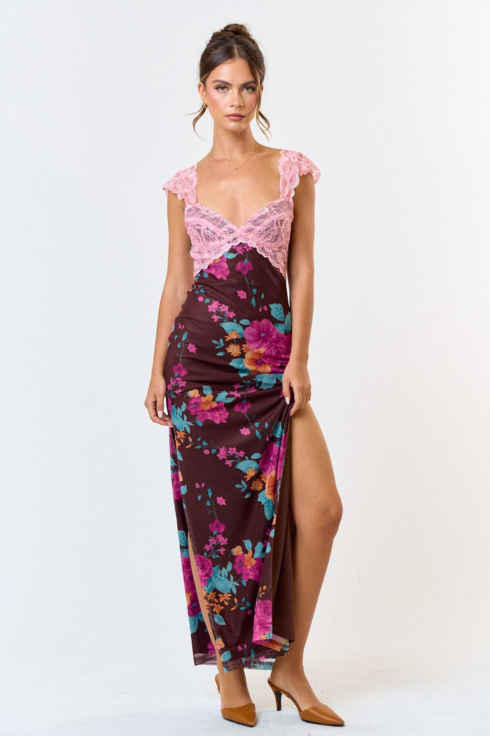 PRE-ORDER: Pretty In Paradise Lace Detail Maxi Dress: Mauve/Brown