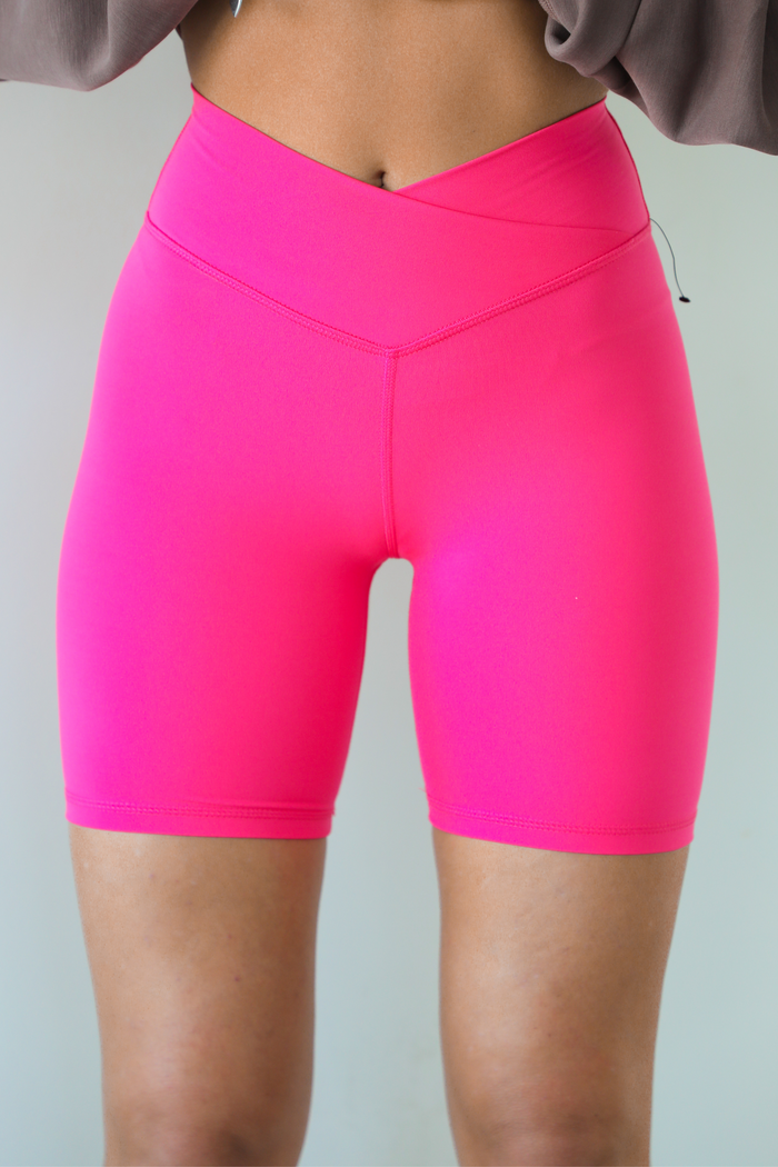 Taking Flight Cross Front Biker Shorts: Hot Pink