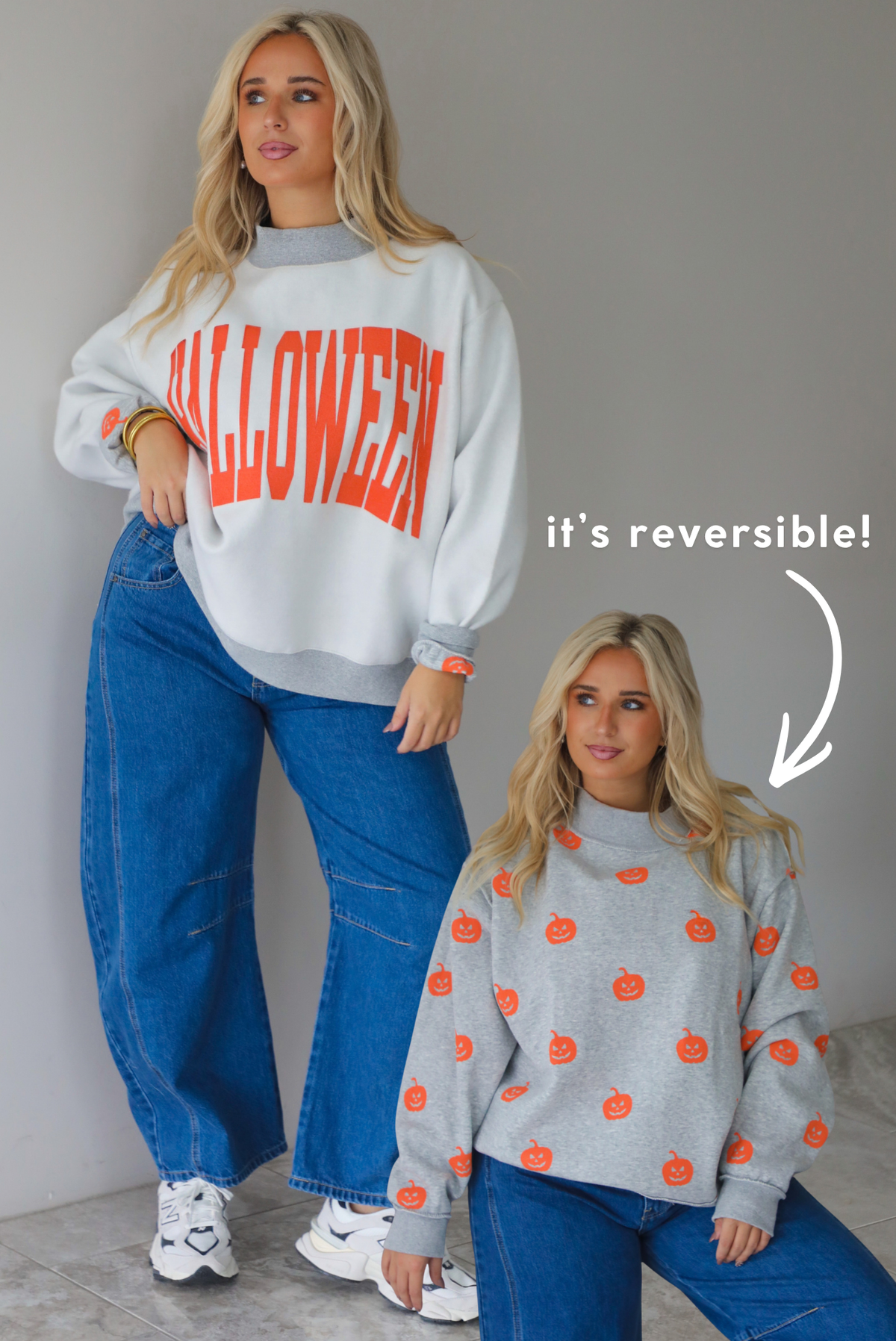 A woman wearing a light grey and dark grey trim oversized sweatshirt that says "HALLOWEEN" in collegiate font on the front, with jack-o-lantern details on it, paired with dark wash denim jeans, standing indoors against a white wall with white marble flooring. To the right of the photo shows the same model with the background removed, showing the inside of the reversible sweatshirt with jack-o-lanterns showing in a repeating pattern throughout. 
