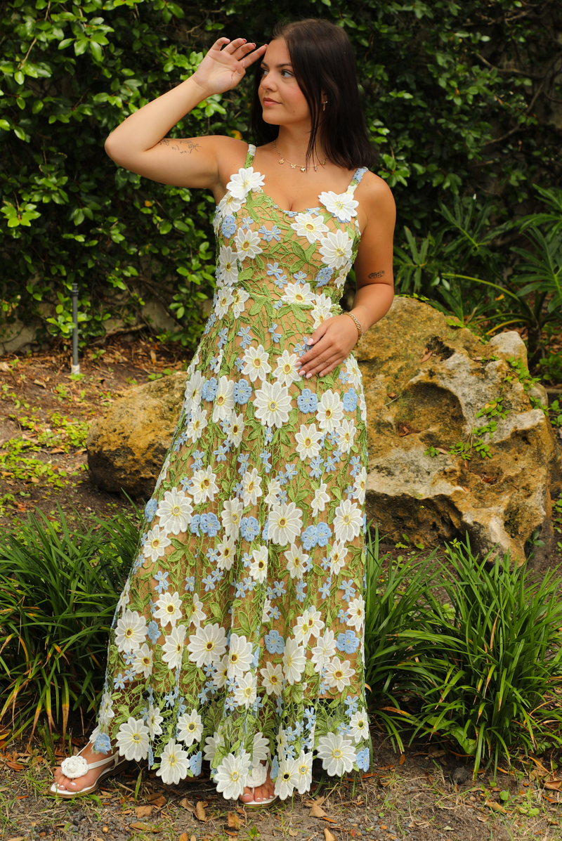 PRE-ORDER: Flower Fields Maxi Dress: Green/Multi