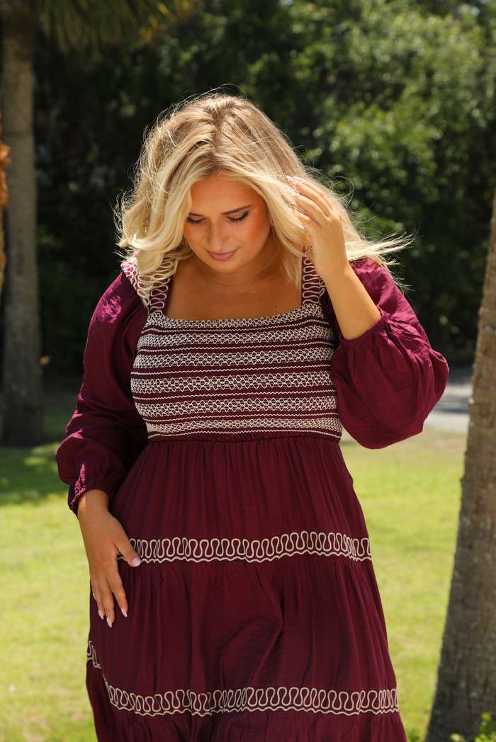 Fall Air Midi Dress: Burgundy/Cream