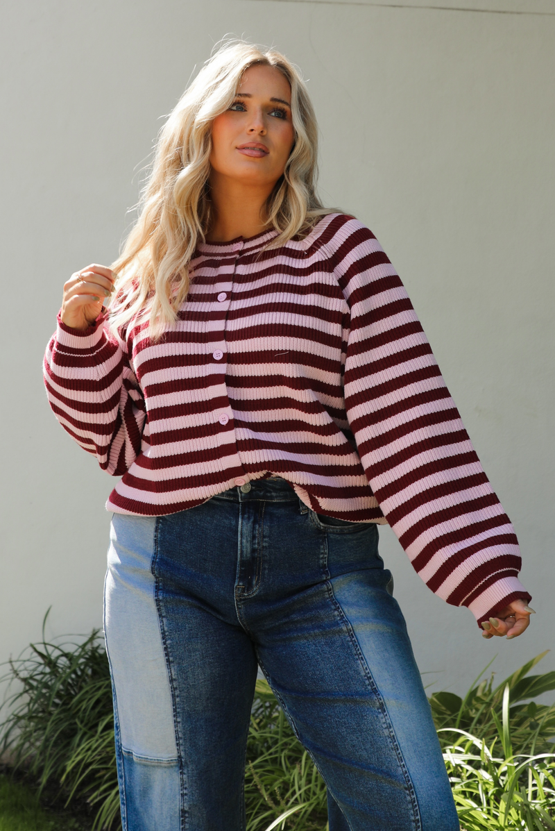 Someday Cardigan: Burgundy/Pink