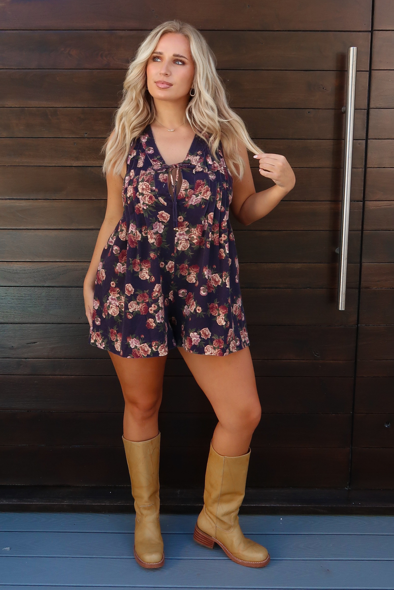 Sweet Florals Romper: Denim/Multi