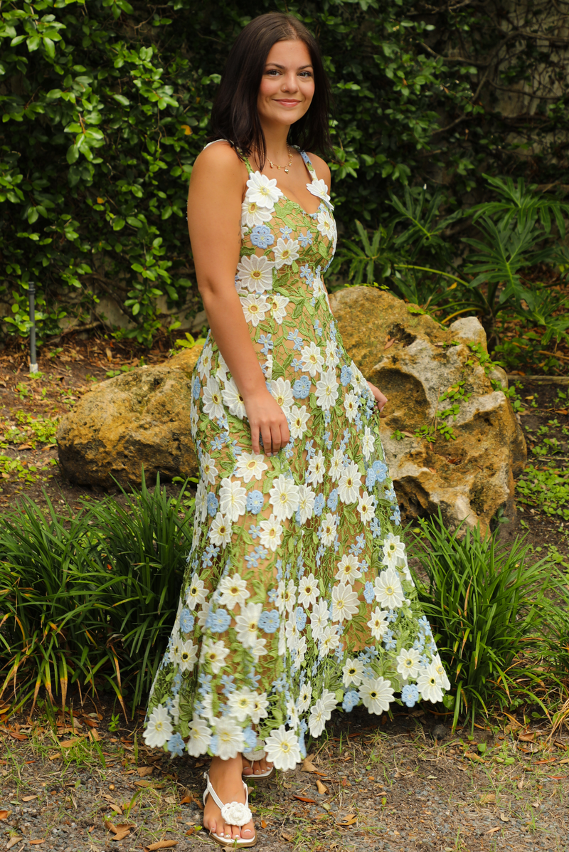 PRE-ORDER: Flower Fields Maxi Dress: Green/Multi