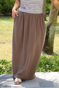 Taking It Slow Maxi Dress: Taupe/Ivory