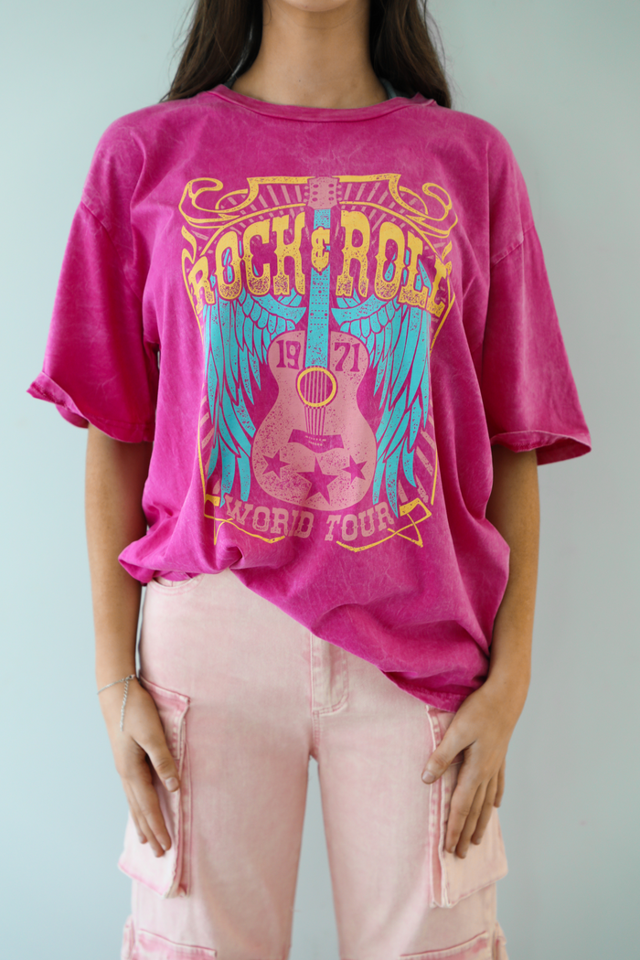 Rock & Roll Graphic Tee: Pink/Multi