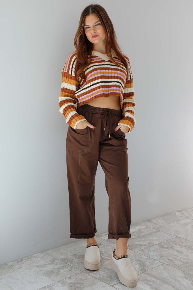 Lia Loose Fit V-Neck Stripe Sweater: Brown/Multi