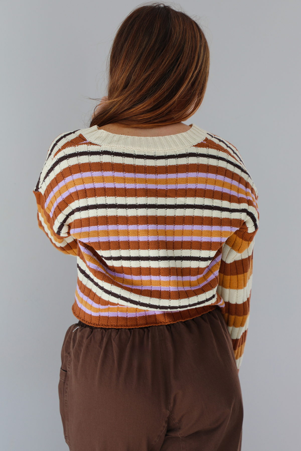 Lia Loose Fit V-Neck Stripe Sweater: Brown/Multi