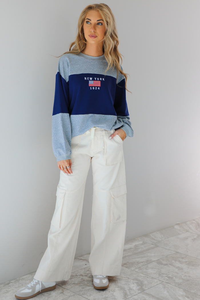 New York Color Blocked Oversized Sweater: Navy/Grey