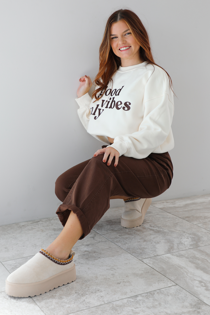 Good Vibes Oversized Sweater: Cream/Brown