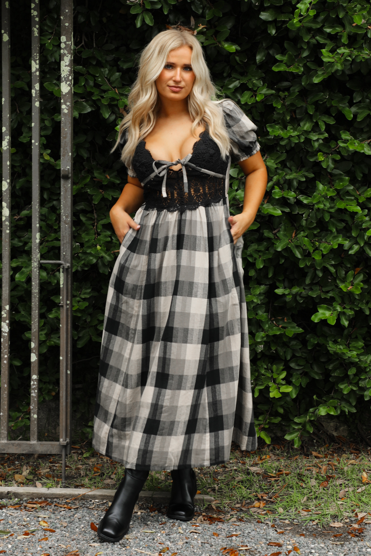 Dawn Maxi Dress: Black/Off-White Plaid