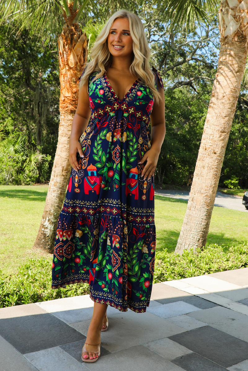 Sure Thing Midi Dress: Navy/Multi