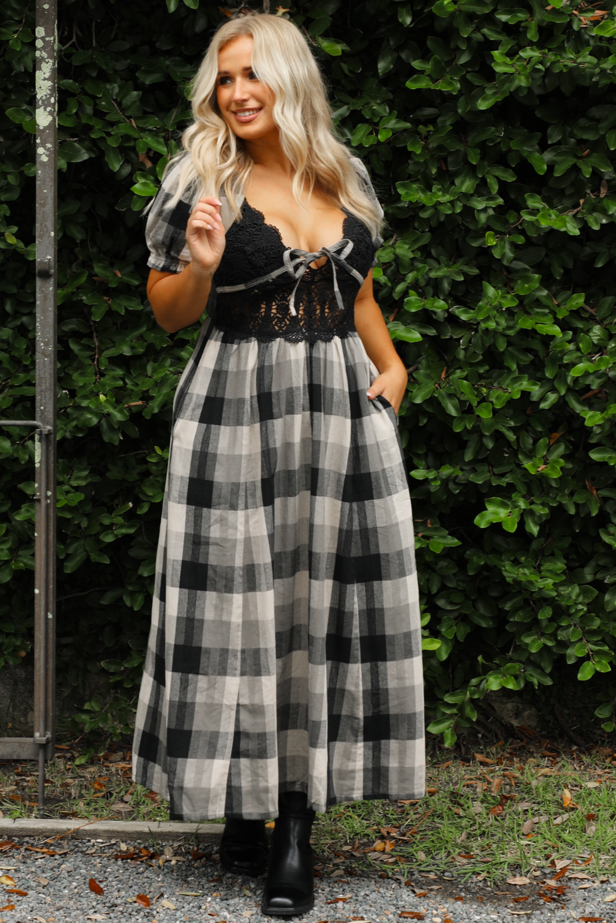 Dawn Maxi Dress: Black/Off-White Plaid