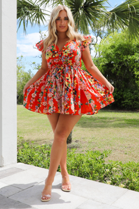All Yours Dress: Hot Coral/Multi Floral