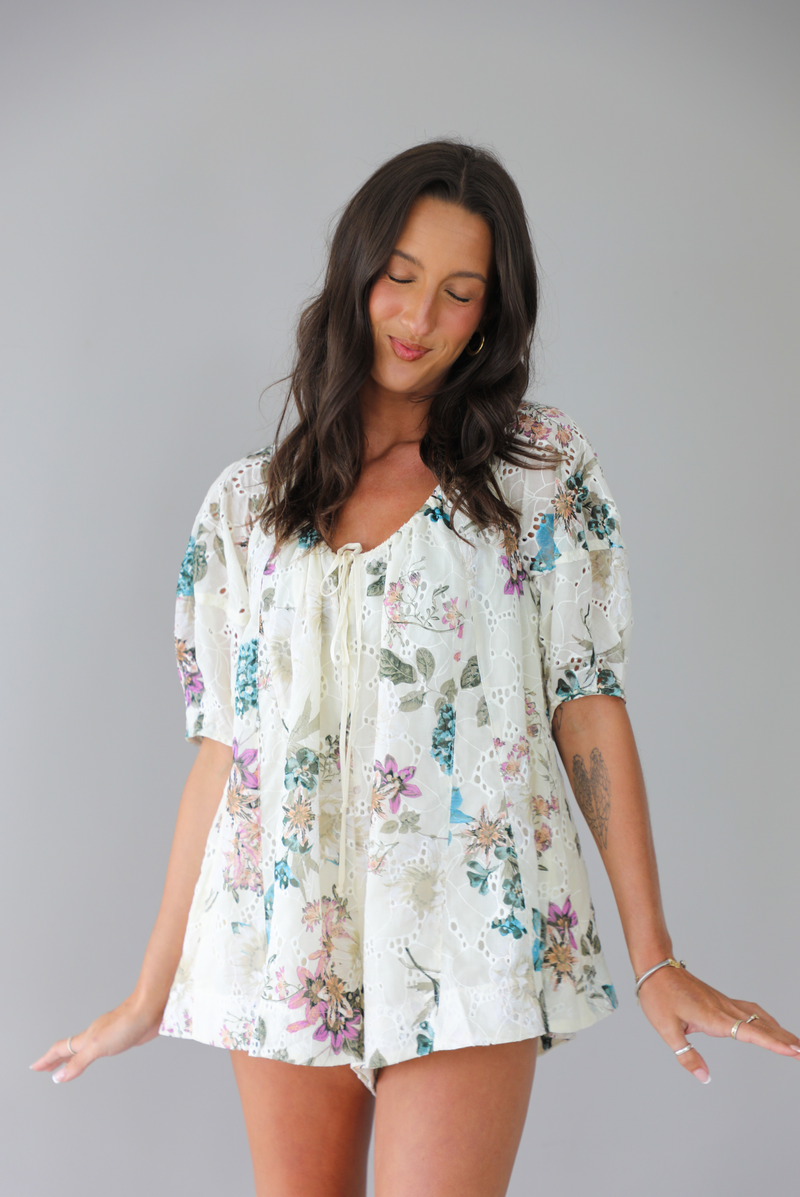 Everything You Do Romper: White/Multi Floral