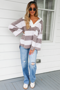 The Boyfriend Pullover: White/Taupe