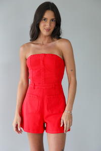 Down Main Street Romper: Red Denim