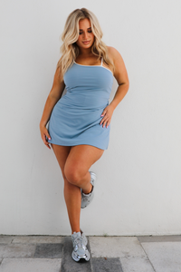 PRE-ORDER: Ellie Athleisure Dress: Dusty Blue/White