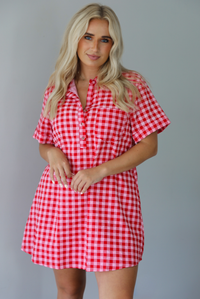 Woman wearing a pink and red gingham collared neckline t-shirt dress indoors against a white wall. The photo shows a closeup of the dress, and showcases the button closures at the neckline. 