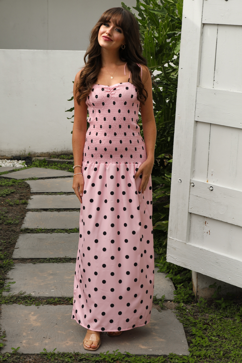 Polka Dot Cutie Maxi Dress: Pink/Black