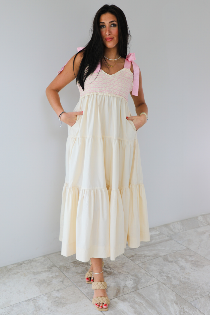 Saint Simons Island Summer Dress: Cream/Pink