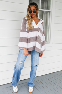 The Boyfriend Pullover: White/Taupe