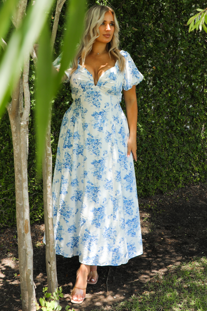 PRE-ORDER: Into The Sea Midi Dress: White/Blue
