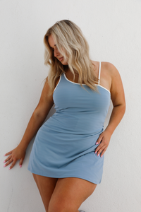 PRE-ORDER: Ellie Athleisure Dress: Dusty Blue/White