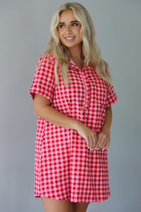Woman wearing a pink and red gingham collared neckline t-shirt dress indoors against a white wall. The photo shows a closeup of the dress, and showcases the button closures at the neckline. 