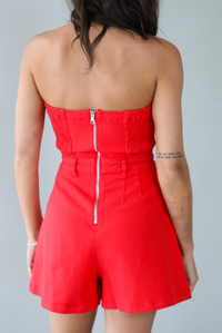 Down Main Street Romper: Red Denim