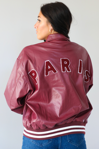Faux Leather Paris Jacket: Burgundy/Multi