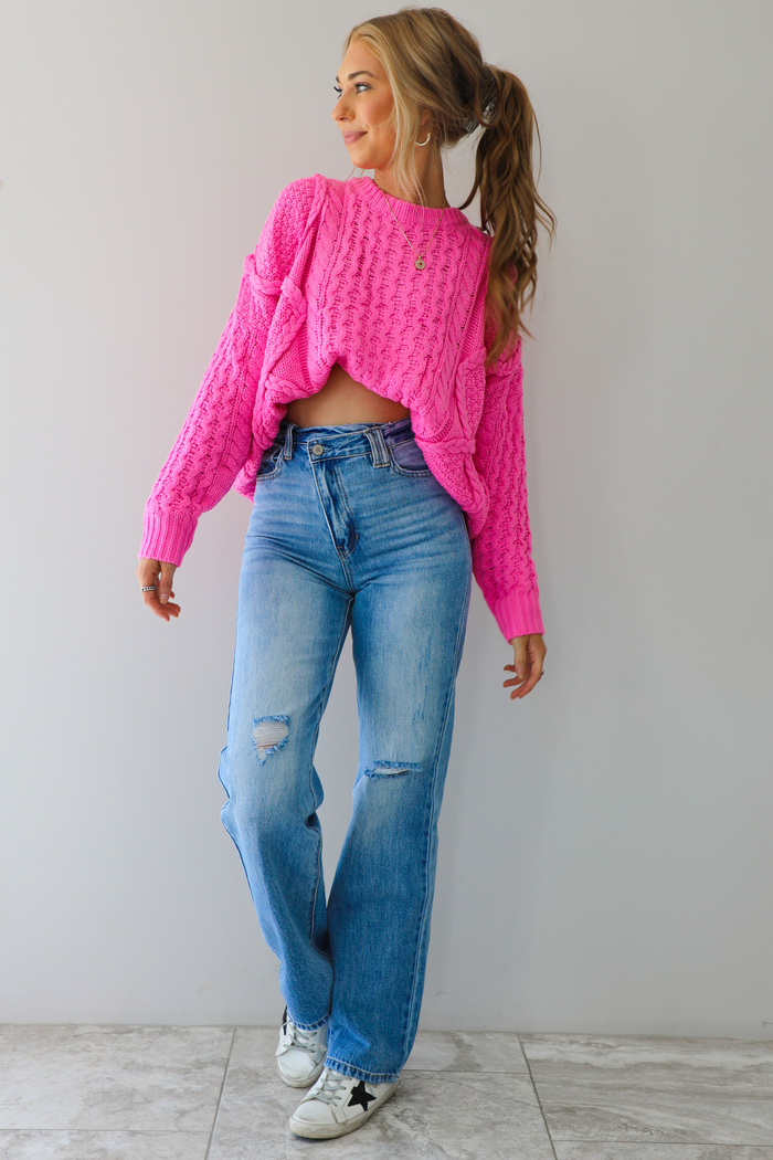 Mixed Braided Cable Knit Sweater: Pink