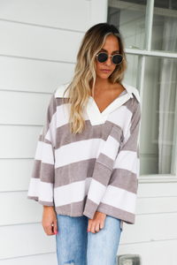 The Boyfriend Pullover: White/Taupe