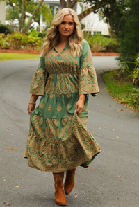 Woman wearing a teal dress that has tan a stitched pattern throughout, quarter length  sleeves, a collared, v-neckline, cinched with elastic waistline, and a maxi-length skirt. The photo is taken outdoors standing on a paved road with trees and other greenery in the background.