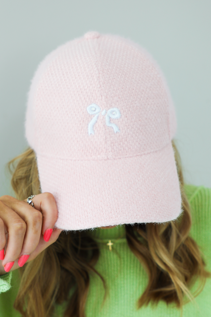 Embroidered Bow Fuzzy Baseball Cap: Pink/White