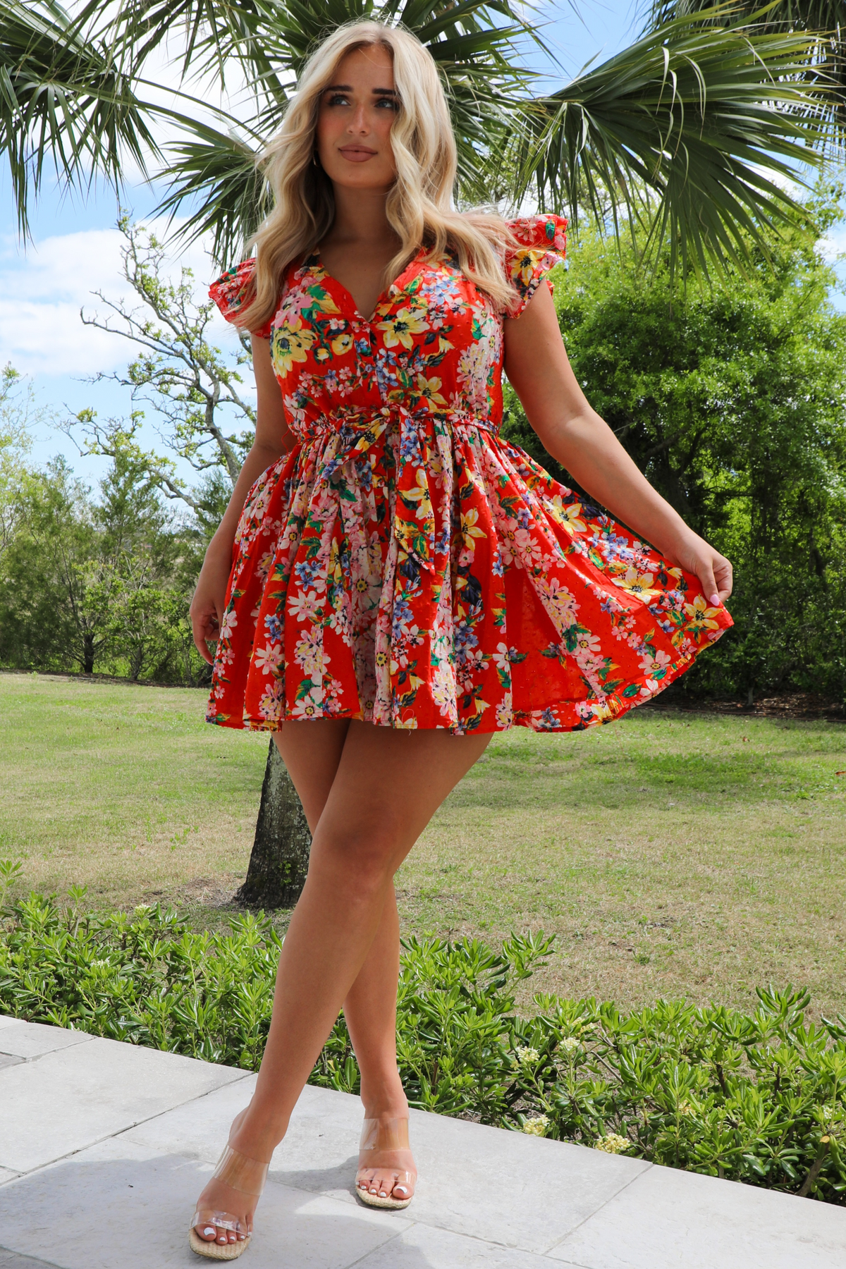 All Yours Dress: Hot Coral/Multi Floral