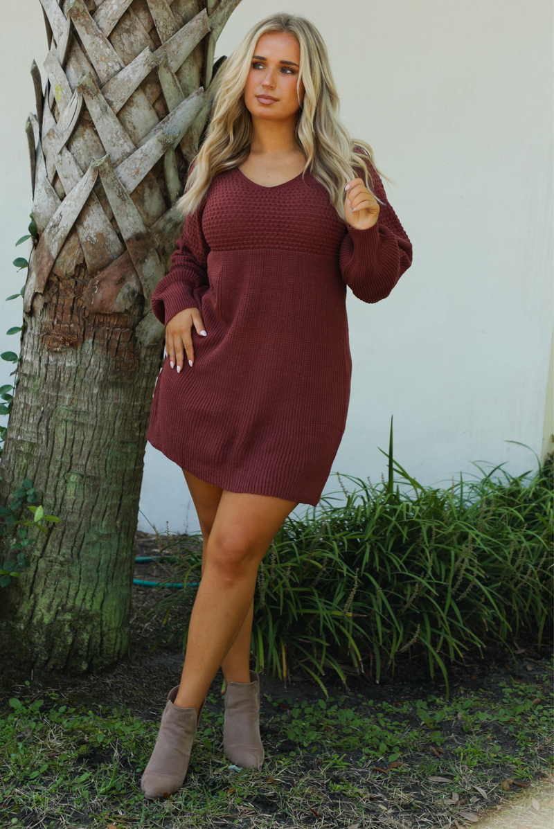 Effortlessly Yours Sweater Dress: Burgundy