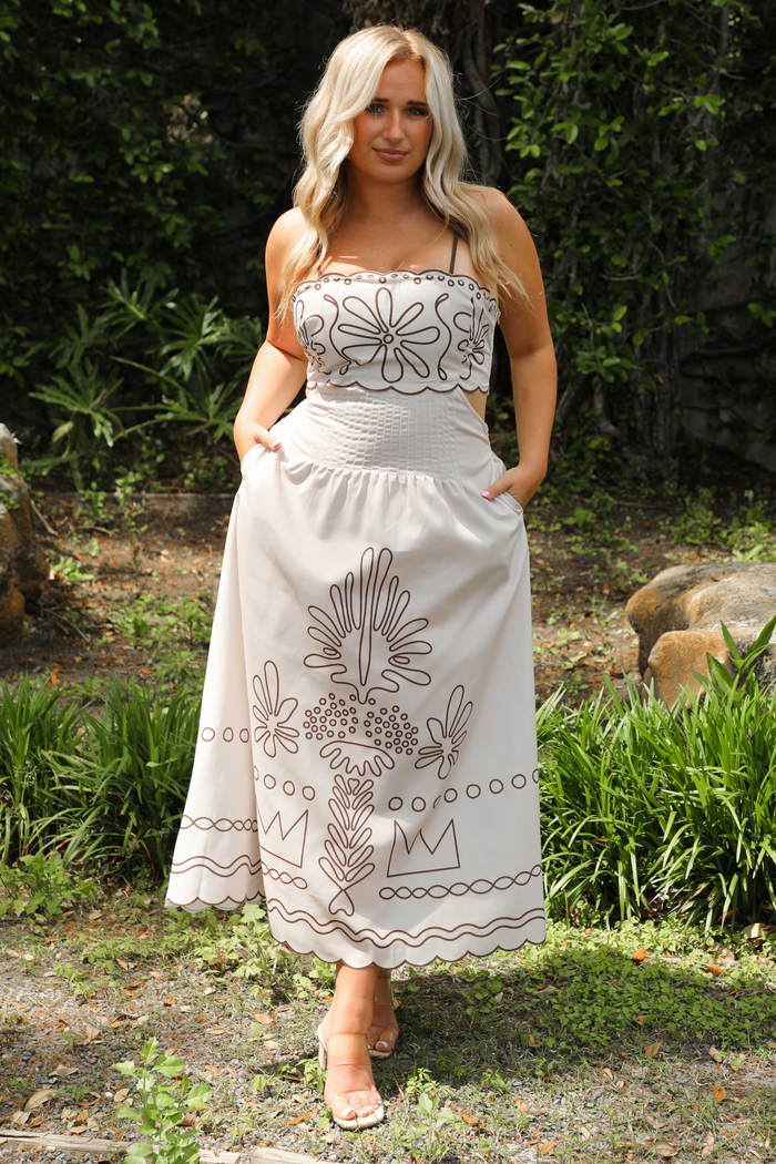 PRE-ORDER: Travel Around Maxi Dress: Ivory/Brown