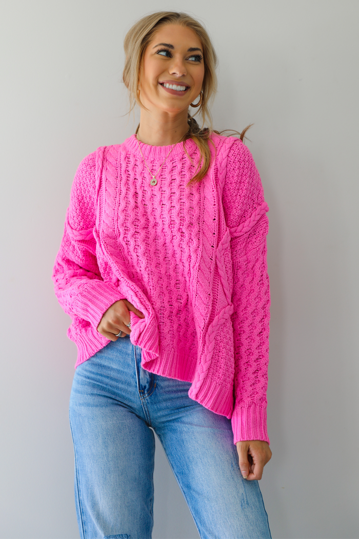 Mixed Braided Cable Knit Sweater: Pink