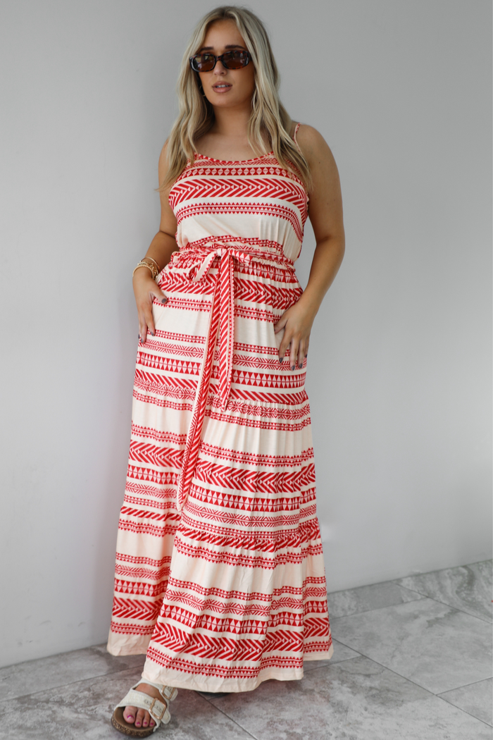 Printed Maxi Dress: Coral Red/Cream