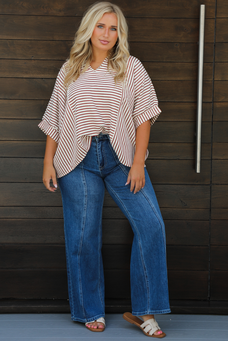 Trying Times Top: Off-White/Burgundy