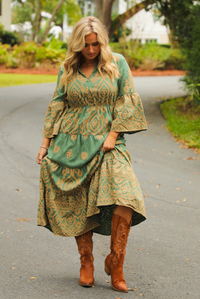 Woman wearing a teal dress that has tan a stitched pattern throughout, quarter length  sleeves, a collared, v-neckline, cinched with elastic waistline, and a maxi-length skirt. The photo is taken outdoors standing on a paved road with trees and other greenery in the background.