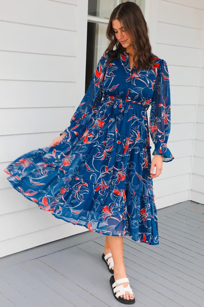 Somewhere You've Never Been Midi Dress: Blue/Multi